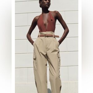 BELTED PAPERBAG CARGO PANTS Beige Cargo Jumpsuit. WOW